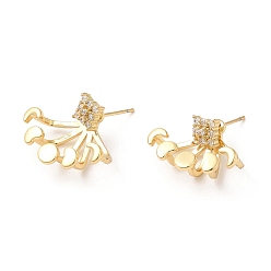 Real 18K Gold Plated Rack Plating Brass Moon Phase with Square Front Back Stud Earrings, Stud Earrings with Cubic Zirconia, Lead Free & Cadmium Free, Real 18K Gold Plated, 18x21mm