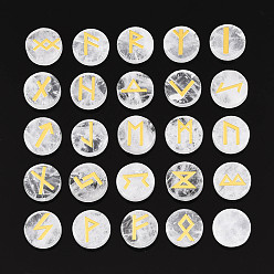 Хрусталь Латунь старший футарк алфавит выгравированный символ плоский круглый натуральный кварцевый кристалл рунические камни, для балансировки чакр, кристаллотерапия, медитация, гадание, 16.5~17.5x6~7 мм, 25 шт / комплект