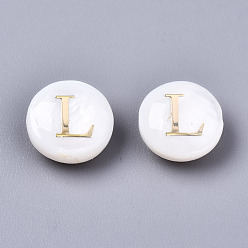 Letter L Natural Freshwater Shell Beads, with Golden Plated Brass Etched Metal Embellishments, Flat Round, Seashell Color, Letter.L, 8x3~5mm, Hole: 0.5~07mm