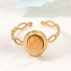 Topaz Jade 304 Stainless Steel Cuff Open Rings for Women, Oval, with Natural Topaz Jade, Ion Plating(IP), Golden, 11.5mm, Inner Diameter: 17mm