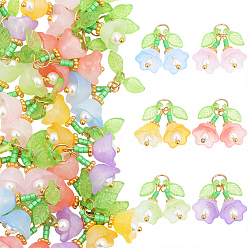 Gemischte Farbe 30Stk 6 Farben transparente Glasanhänger, Blumencharme, mit Acrylperlen & Charms, und Messingschlaufen, Gemischte Farbe, 22.5x21x10 mm, Bohrung: 4 mm, 1 PC / Farbe, 6 Stück / Beutel, 5 Taschen/Set