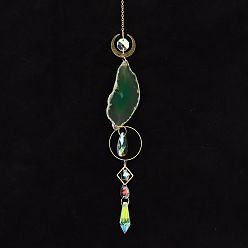 Зеленый Подвесные украшения из кусочков натурального агата, Металлические лунные, кольцевые и стеклянные конусные ловцы солнца с кисточками для украшения дома и улицы, зелёные, 450 мм