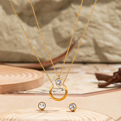 Золотой Минималистичный 201 комплект из двухслойного ожерелья и серег из нержавеющей стали с прозрачным кубическим цирконием для женщин, золотые