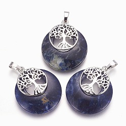 Содалитовое Природные подвески содалитом, с латунной фурнитурой платинового цвета, плоские круглые с дерева жизни, 32.5~33x27.5~28x5~6 мм, отверстие : 5x7 мм
