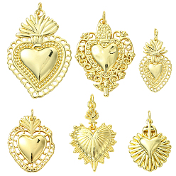 Настоящее золото 18K 6 шт 6 стили латунные подвески из микропаве с фианитом, с целью перехода в кольце, сердце прелести, реальный 18 k позолоченный, 21.5~37x12.5~25.5x2~3.5 мм, отверстие : 3~3.5 мм, 1 шт / стиль