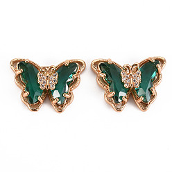 чирок Стеклянные подвески, с латунным микро проложить кубического циркония, граненые, бабочка, золотой свет, зелено-синие, 15x21x6 мм, отверстие : 1.2 мм