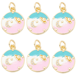 Real 18K Gold Plated 6Pcs Rack Plating Brass Pendants, with Cubic Zirconia and Enamel, Saturn Charms, Long-Lasting Plated, Lead Free & Cadmium Free, with Jump Ring, Real 18K Gold Plated, 16.5x14x2.5mm, Hole: 3.5mm