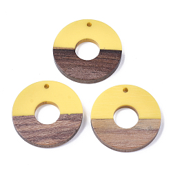 Gold Resin & Walnut Wood Pendants, Donut/Pi Disc, Gold, 28x4mm, Hole: 1.5mm