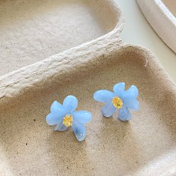 Light Sky Blue Resin & Rhinestone Stud Earrings for Women, Flower, Light Sky Blue, 25mm