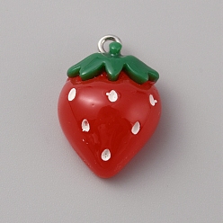 Strawberry Translucent Resin Pendants, Fruits Charms with Platinum Tone Iron Loops, Strawberry, 23x16x10mm, Hole: 2mm