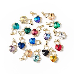 Color mezclado Colgantes de circonita cúbica transparente micro pavé de latón chapado en oro real 18k, con vidrio, larga duración plateado, sin plomo y cadmio, encanto de gato con corazón, color mezclado, 24x15x8 mm, agujero: 5x3 mm