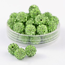 Peridot Pave Disco Ball Beads, Polymer Clay Rhinestone Beads, Grade A, Round, Peridot, PP12(1.8~1.9mm), 8mm, Hole: 1mm