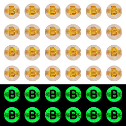 Letter B 50G Luminous Transparent Acrylic Beads, Flat Round with Letter, Glow in the Dark, Golden Metal Enlaced, Letter B, 7x4mm, Hole: 1.8mm, about 370pcs/50g