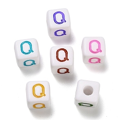 Letter Q Непрозрачные акриловые бусины, Эмаль стиле, куб с письмом, Буква Q, 10x9.5x9 мм, отверстие : 3.8 мм, Около 560 шт / 500 г