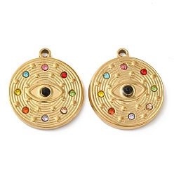 Настоящее золото 18K Ионное покрытие (ip) 304 подвески из нержавеющей стали, с красочными стразами, плоский круглый с шармом в виде глаз, реальный 18 k позолоченный, 23x20.5x3 мм