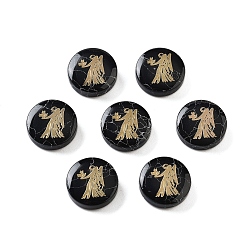 Дева Окрашенные в черный цвет синтетические бирюзовые бусины, с золотистыми латунными пластинами, плоский круглый с созвездиями, Дева, 15x4.5 мм, отверстие : 1 мм