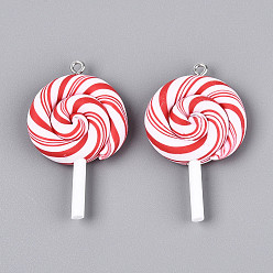Красный Полимерной глины ручной работы подвески, леденец, с железными петлями, Рождество, красные, 44.5~46x26~29x7~7.5 мм, отверстие : 2 мм