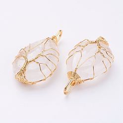 Хрусталь Природного кварца хрустальных подвесок, с латунной фурнитурой , слеза, золотые, 44~46x26x12~13 мм, отверстие : 4x7 мм