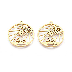 Золотой Полые 304 из нержавеющей стали кулоны, плоские круглые с волком, золотые, 26x24x1 мм, отверстие : 1.6 мм