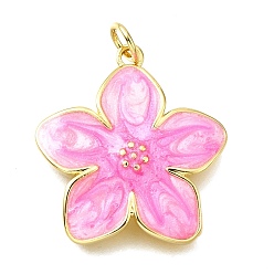 Бледно-Розовый Латунь эмаль подвески, цветочный шарм, с целью перехода в кольце, без свинца и без кадмия, реальный 18 k позолоченный, стойки покрытие, прочное покрытие, розовый жемчуг, 23x21x3 мм, отверстие : 3 мм