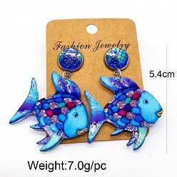 Светло-Голубой Серьги-гвоздики из сплава и акрила, рыба с плоским круглым, Небесно-голубой, 54 мм