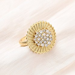 Прозрачный Регулируемые латунные кольца-манжеты с микропаве из кубического циркония для женщин, круглые, реальный 16 k позолоченный, прозрачные, 20~20.5 мм, регулируемый