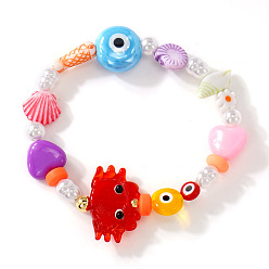 Краб Летние милые разноцветные браслеты из стеклянных и искусственных жемчужных бусин, эластичные, краб, 6.89 дюйм (17.5 см)
