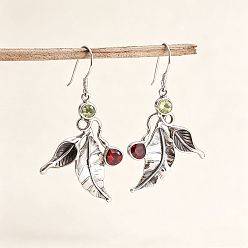 Antique Silver Alloy Rhinestone Dangle Earrings for Women, Leaf, Antique Silver, 35x30mm