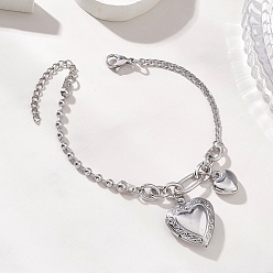 Нержавеющая Сталь Цвет 316 браслеты с подвесками-медальонами из нержавеющей стали, 304 Браслеты из нержавеющей стали с панцирными и шариковыми цепями для женщин, сердце, цвет нержавеющей стали, 7.40 дюйм (18.8 см)