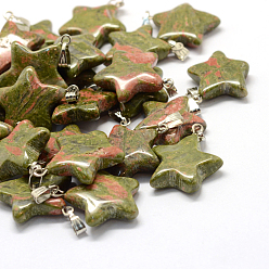 Унакит Звезда природные Unakite подвески, с латунной фурнитурой платинового цвета, 22~23x20~24x5~7 мм, отверстие : 2x7 мм
