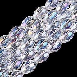 Clear AB Electroplate Transparent Glass Beads Strands, Rice, AB Color Plated, Faceted, Clear AB, 8~8.5x5.5~6mm, Hole: 1~1.2mm, about 67~68pcs/strand, 21.46~22.24 inch(54.5~56.5cm)