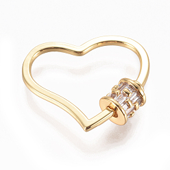 Золотой Латунные микропаве, кубический цирконий, винт, карабин, подвески с замком, для изготовления ожерелий, сердце, прозрачные, золотые, 22x26x2~5.5 мм