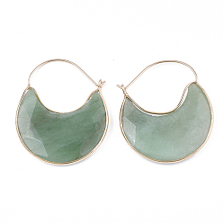 Зеленый Авантюрин Серьги-кольца с подвесками в виде полумесяца из натурального зеленого авантюрина, с латунной фурнитурой , граненые, 44~51x36.5x4~6 мм , штифт: 1 мм