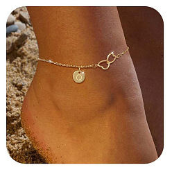 Letter Q Латунные двойные сердечки плоские круглые инициалы браслеты на ногу для женщин, золотые, Буква Q, 9-1/8 дюйм (230 мм)