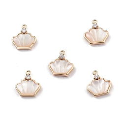 Light Gold Natural Freshwater Shell Crown Charms, with Brass Crystal Rhinestone Findings, Light Gold, 13x12x3mm, Hole: 1.2mm