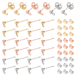 Mixed Color 60Pcs 3 Color 304 Stainless Steel Ball Stud Earring Post with Loop, with 60Pcs 3 Color 304 Stainless Steel Ear Nuts, Mixed Color, Ear Findings: 14x5.8x3mm, Hole: 1.5mm, Pin: 0.8mm, 20pcs/color