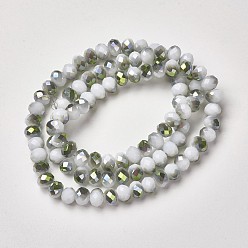 White Electroplate Opaque Glass Beads Strands, Half Green Plated, Faceted, Rondelle, White, 4x3mm, Hole: 0.4mm, about 130pcs/strand, 16.54 inch(42cm)