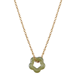 Real 18K Gold Plated 1Pc 304 Stainless Steel Cable Chains, with 1Pc Natural Hetian Jade Flower Pendants, Ion Plating(IP), Real 18K Gold Plated, 19.69 inch(500mm), 1.5mm