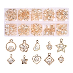Light Gold 100Pcs 10 Style Rack Plating Eco-Friendly Iron Charms, with Crystal Rhinestone, Mix-shaped, Light Gold, 10pcs/style
