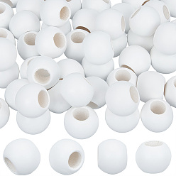 White 50Pcs Spray Painted Wood European Beads, Round, Large Hole Beads, White, 19~20mm, Hole: 9~9.5mm