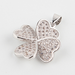 Platinum Clover Brass Micro Pave Cubic Zirconia Pendants, Platinum, 21x19x5mm, Hole: 4.5x3mm