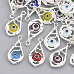 Mixed Color Eco-Friendly Alloy Pendants, with Glass Evil Eye, Nickel Free, Teardrop, Mixed Color, Silver, 21x11x3mm, Hole: 1.6mm