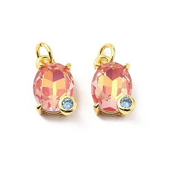 Бледно-фиолетовый Красный Овальные латунные микро проложить Цирконом подвески, с соединительным кольцом и стеклянными стразами, стойки покрытие, реальный 18 k позолоченный, без свинца и без кадмия, долговечный, бледно-фиолетовый красный, 13.5x10.5x7 мм, отверстие : 3.3 мм