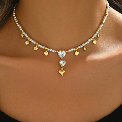 Белый Круглые бусины из латуни с жемчугом и прозрачным кубическим цирконием в форме сердца для женщин, золотые, сладкий романтический подарок, белые, 14.57 дюйм (37 см)