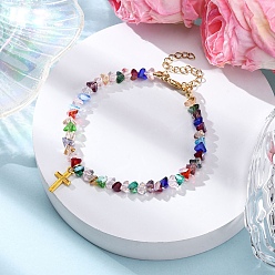 Разноцветный Браслеты из сплава с подвесками в виде креста, гальванизированные стеклянные бусины эластичные браслеты для женщин, треугольные, граненые, красочный, 7-5/8 дюйм (19.5 см)
