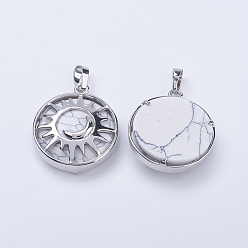 Howlite Natural Howlite Pendants, with Brass Findings, Flat Round with Sun & Moon, Platinum, 31x27.5x8mm, Hole: 5x7mm