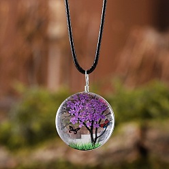 Средняя Орхидея Плоские круглые стеклянные ожерелья с подвеской в виде сухоцвета и дерева внутри, черные вощеные шнуры, средне орхидеи, 17.52 дюйм (44.5 см)