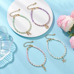 (52) Непрозрачная лаванда 4 Набор браслетов с морскими организмами 304 Браслеты из нержавеющей стали с подвесками, браслеты из окрашенных натуральных пресноводных ракушек с круглыми бусинами для женщин, морская звезда/рыба/дельфин, разноцветные, 7.56 дюйм (19.2 см)