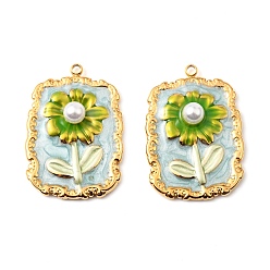 Желто-Зеленый 304 нержавеющей стальной эмали подвески, с имитацией жемчуга из АБС, прямоугольник с цветочной подвеской, золотые, желто-зеленый, 25.5x18x5 мм, отверстие : 1.5 мм