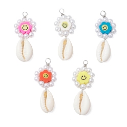 (52) Непрозрачная лаванда Подвески в виде улыбающегося лица из натуральной ракушки каури и полимерной глины ручной работы, с медной проволокой и имитацией жемчуга, платина, разноцветные, 40x16.5x6.5 мм, отверстие : 3 мм